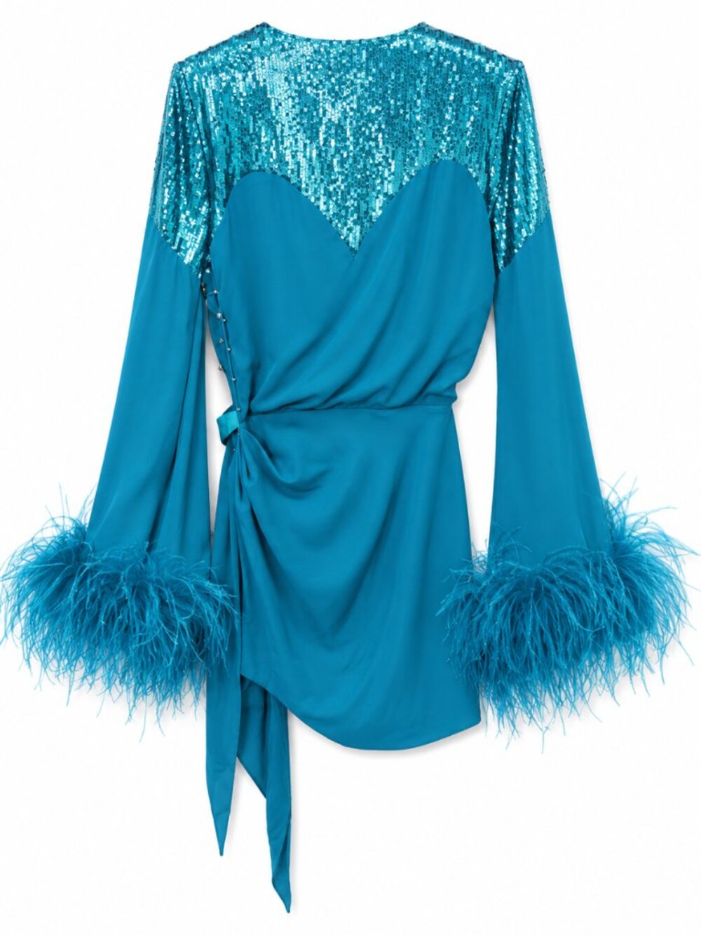 NWT Nervi Pami Teal Mini Dress with Sequin & Ostrich Feather Cuffs - Picture 2 of 12